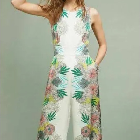 Corey Lynn Calter Pants - Corey Lynn Calter Anthropology White and Green Tropical Jumpsuit